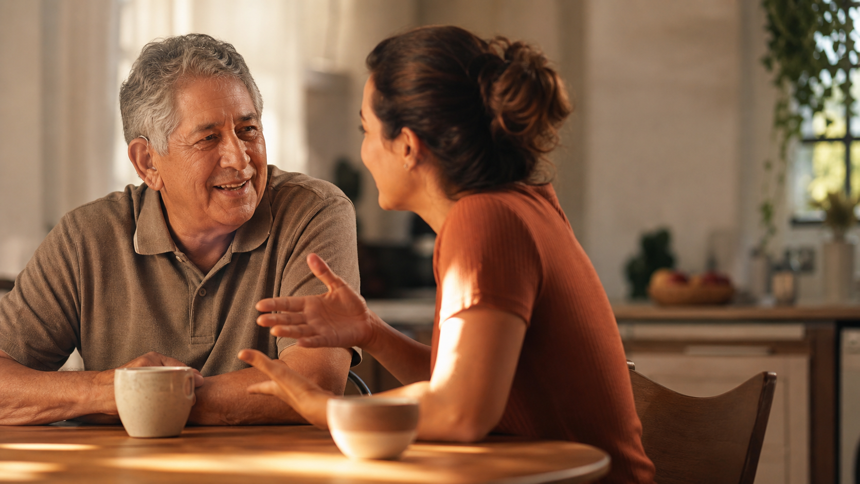 Senhor de cabelos grisalhos sorrindo enquanto conversa com a filha em uma cozinha iluminada, usando aparelho auditivo discreto — ilustrando qualidade de vida com audição preservada